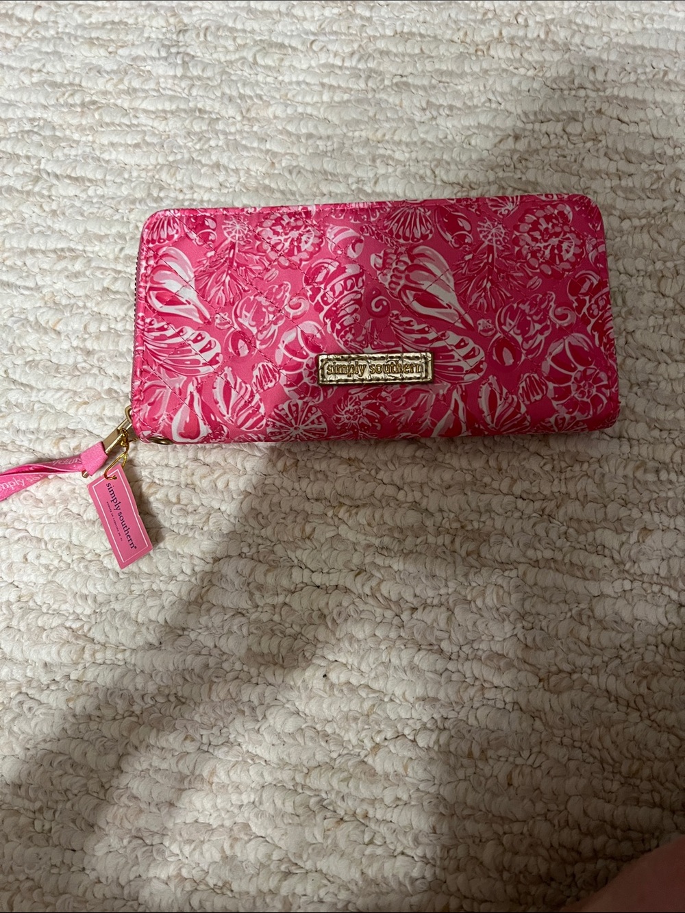 Simply Southern Hot Pink Floral Zip-Around Wallet with Gold Plate